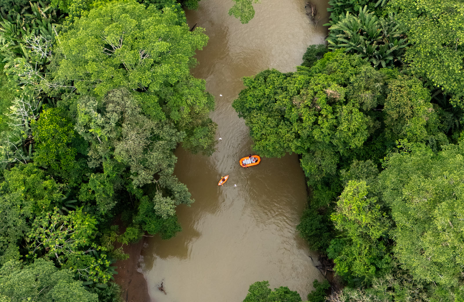 Vista aérea cenital del raft y kayak sobre el río selvático